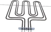 Compatible DeLonghi dual grill element 2800W for ESM495ST, ESS602, ESS603, shown with bracket and tag measurements.
