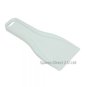 Plastic ice scraper with ergonomic handle, ideal for freezer defrosting, made from durable, non-scratch plastic.
